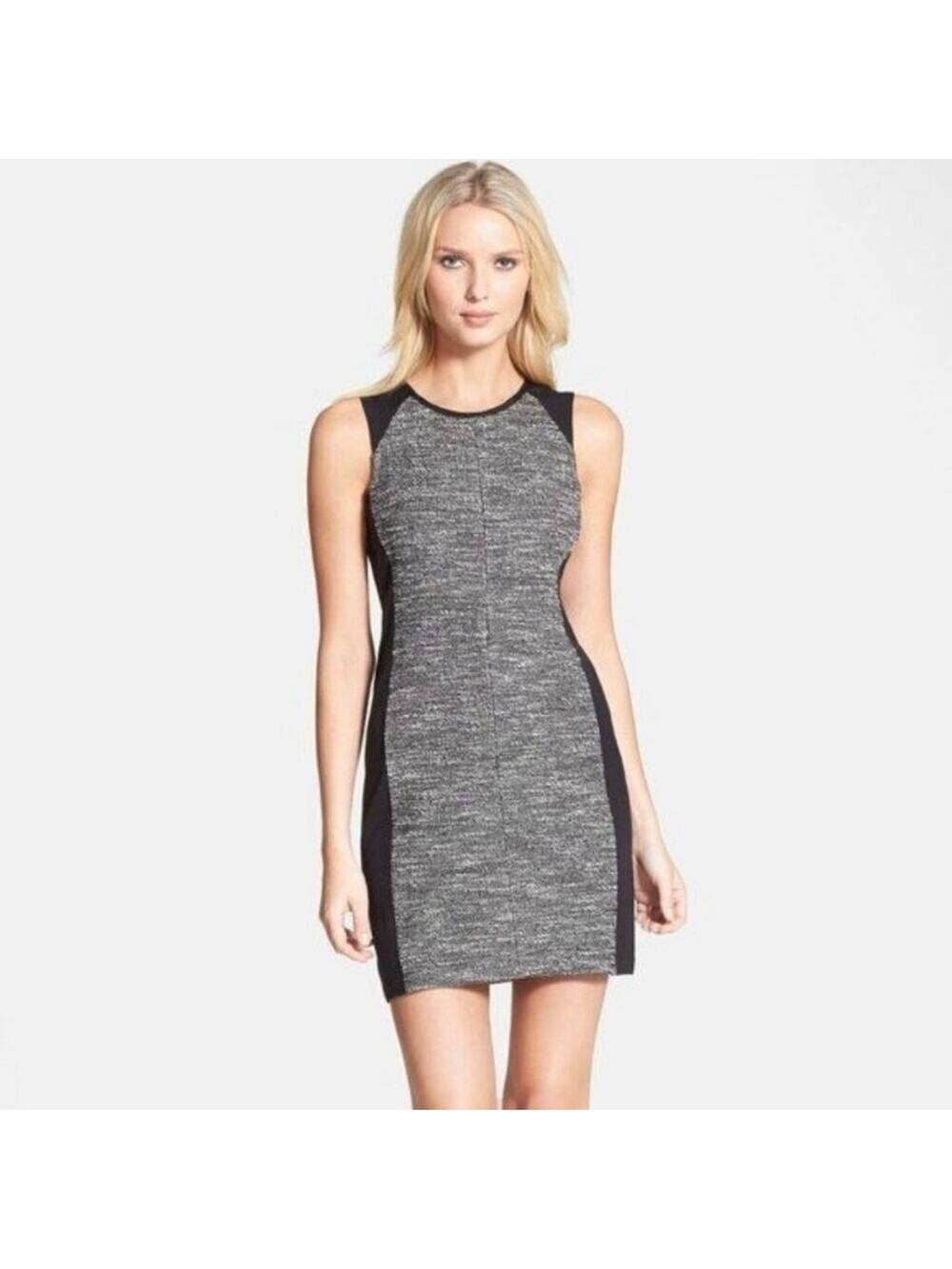 Eileen Fisher Sleeveless Sheath Black White Tweed Dress zip cotton mini zip up M